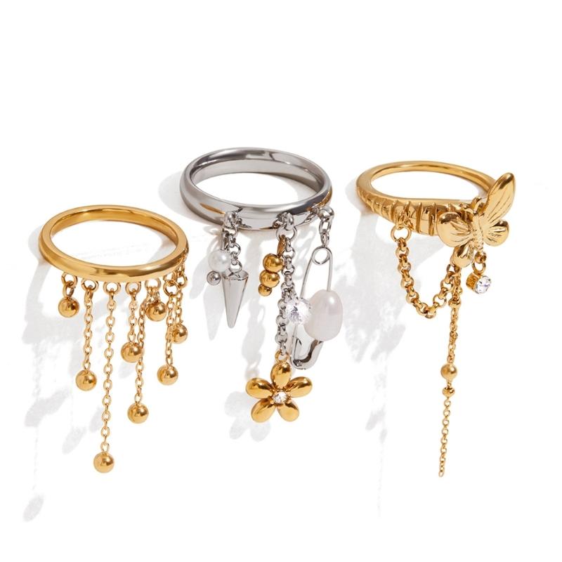 Stylish Floral Pendant Tassels Rings With Freshwater Pearls Stainless Steel Fashion Jewelry For Women