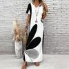 Women Plus Size V Neck Short Sleeve Black White Printed Straight Long Dress