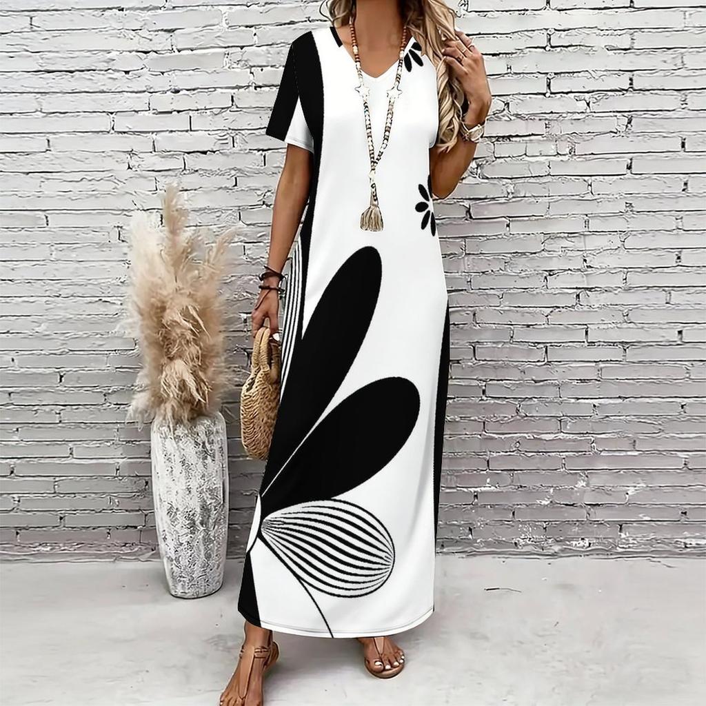 Women Plus Size V Neck Short Sleeve Black White Printed Straight Long Dress