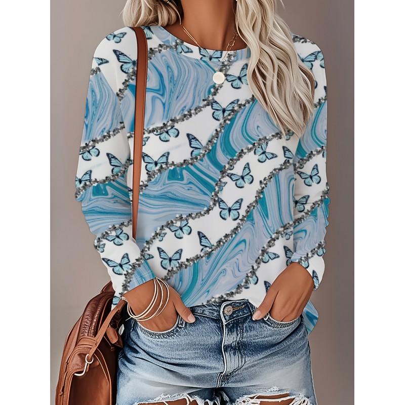 Womens Loose Fit Long Sleeve Round Neck T-Shirt With 3D Dinosaur Christmas Tree Print Milk Silk Fabric