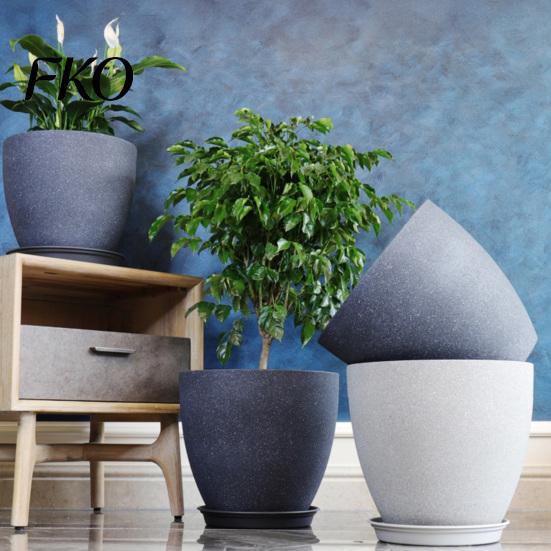 Drainage System Garden Pot Grey Flowerpot with Saucer, Modern Planter Lightweight Flower for Patio Holes, Plant Indoor Outdoor Use Weatherproof