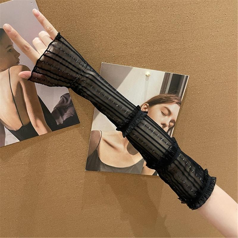 Sunproof Arm Sleeves Holiday Women Girl Arm Cover with Pleated Lace Trim Breathable Arm Cover for Holiday Driving