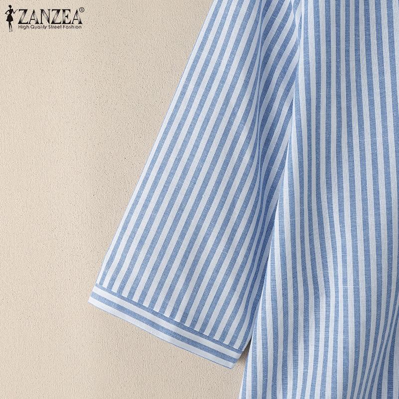 ZANZEA Women Turn Down Collar Loose 3/4 Sleeve Casual Stripe Blouse