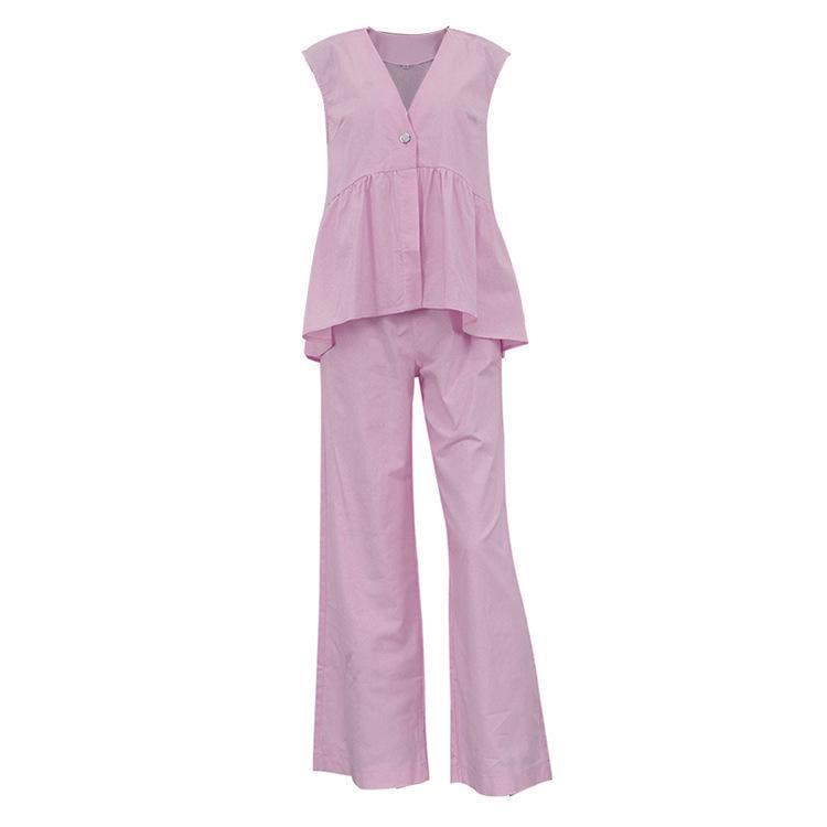 2025 Women's European-American Solid Color V-Neck Sleeveless Top & Long Pants Two-Piece Set - Stylish & Comfy