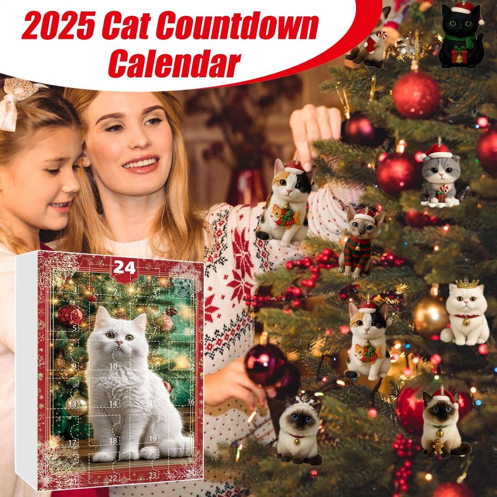 Cat Advent Calendar 24 Days Countdown 2D Acrylic Kitten Ornaments Christmas Tree Decor Holiday Home Car Charm Gift for Cat Lover