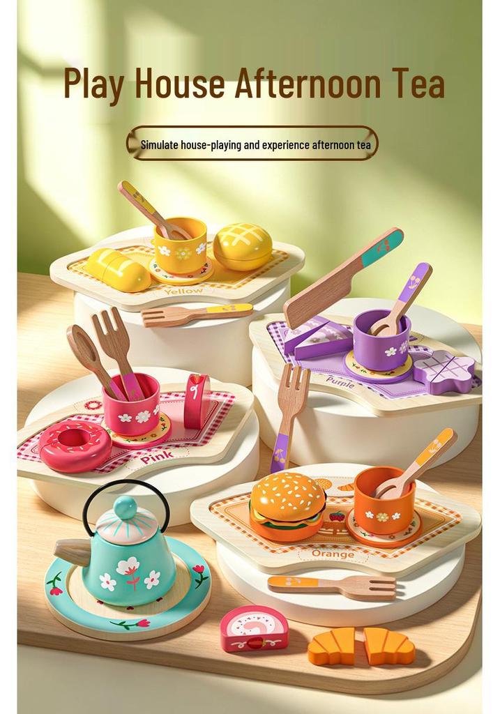 Wooden Tea Set Playhouse: Afternoon Tea Kitchen Toys for Kids Birthday Gift