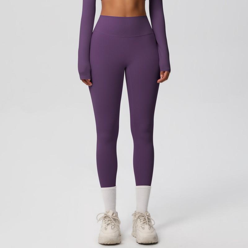 Womens High-Waisted Sports Leggings Solid Color Quick-Dry Double-Sided Brushed Yoga Running Fitness
