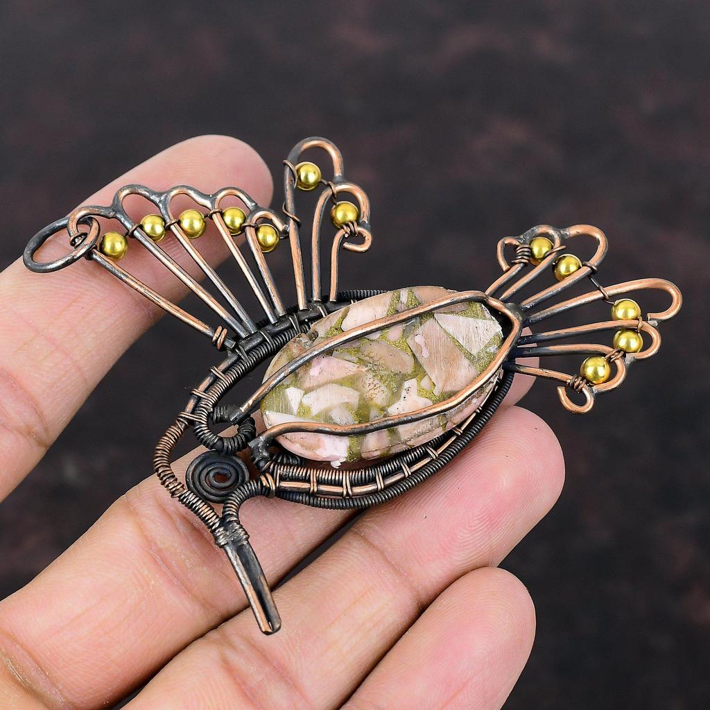 Copper Pink Opal Pendant Copper Wire Wrapped Pendant Gemstone Jewelry Handmade Dainty Pendant Bird Pendants Copper Wire Jewelry Gift For Her