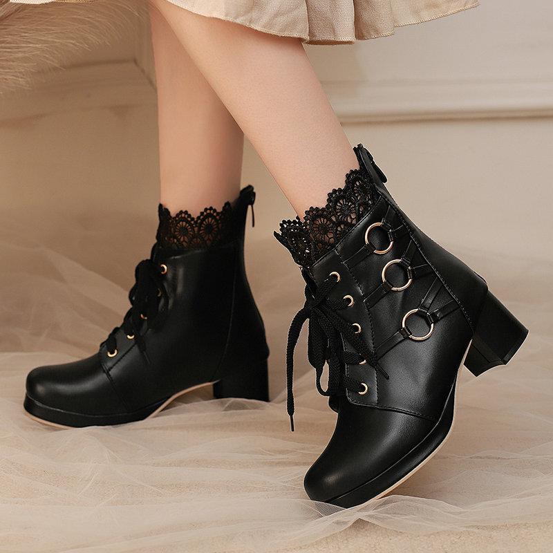Short Boots Lace Belt Buckle Hollowed Out LO Lolita Shoes Student Dress Short Boots and Ankle Boots
