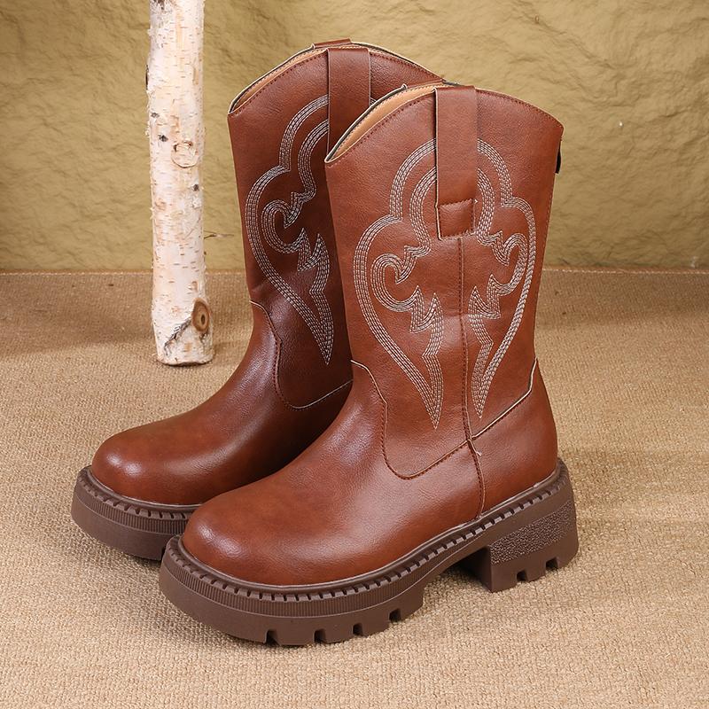 

High-end retro thick-soled embroidered western cowboy bootsAutumn -Selling Mid-Calf Boots for Petite Women Traveling in W 36