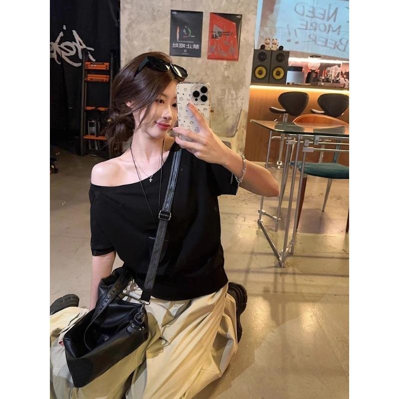 New Black One Shoulder Short Sleeve T-Shirt Women's Summer Pure Desire Loose Chic Top