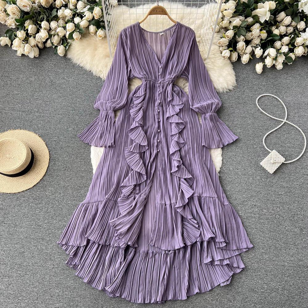 YYFS Women's Fashion Spring Fall Solid Color Print Long Sleeve V-Neck High Waist Casual Dresses