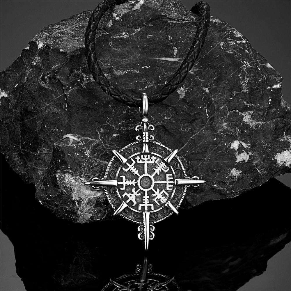 Retro Gold Vikings Compass Necklace Men Stainless Steel Norse Rune Amulet Pendant Vegvisir Jewelry