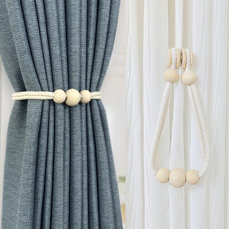 O Pereche de Curele Noi cu Cataramă Magnetică din Mărgele de Lemn pentru Perdele din Bumbac, Gaze, cu Absorbție Magnetică
