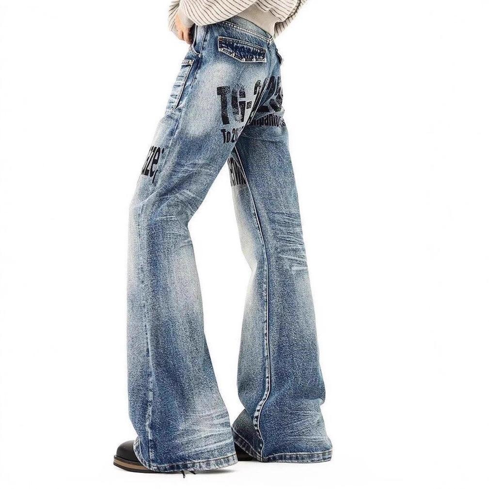 JYL Men's Bootcut Jeans Cartoon Embroidered Winter American Vintage Loose Wide-Leg Denim