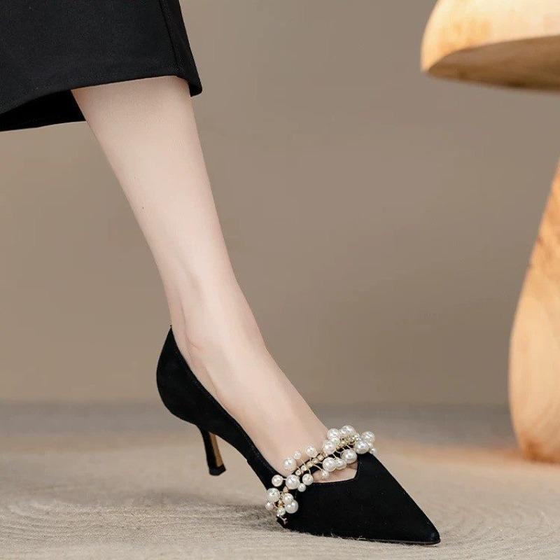 Fashion Spring New Thin Heel Single Shoes Women's Fashion Pointed Suede Beaded Anti-slip Wear-resistant High Heels