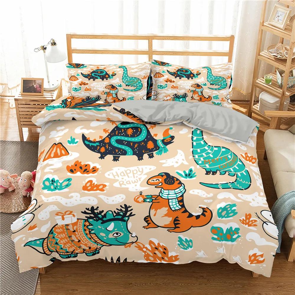 Carton Dinosaur Soft Duvet Cover King Quen Children Kids Jurasic World Stegosaurus Tyranosaurus Beding Set 2/3pcs Polyester Comfortable Quilt Cover