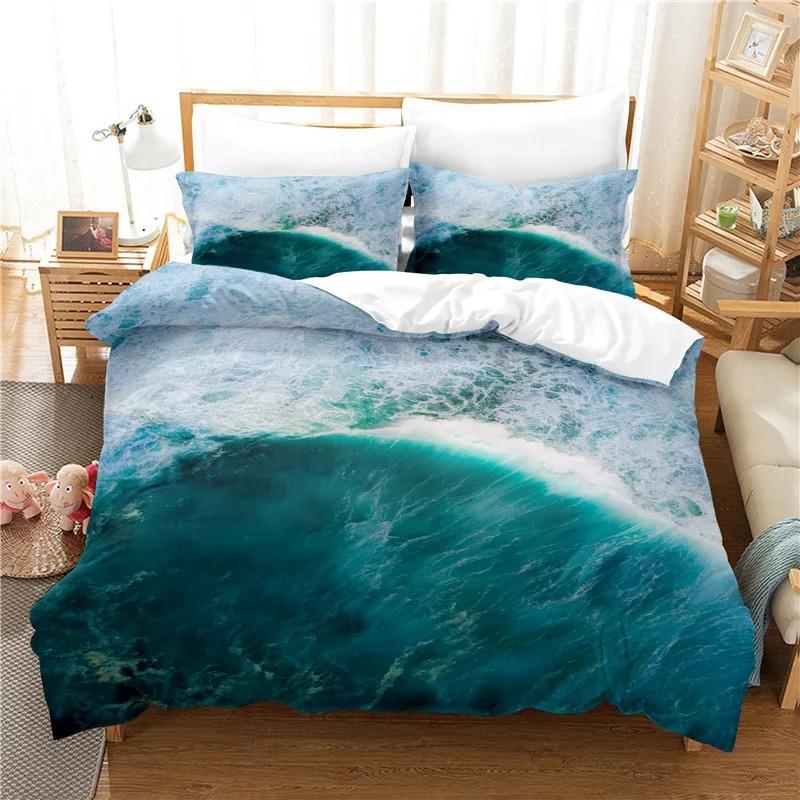 Bettbezug mit Meereswellen, King- und Queen-Size-Größe, 3D-Bettwäscheset mit blauen Gischtwellen für Kinder und Teenager, weicher Bettbezug mit azurblauem Meerwasser