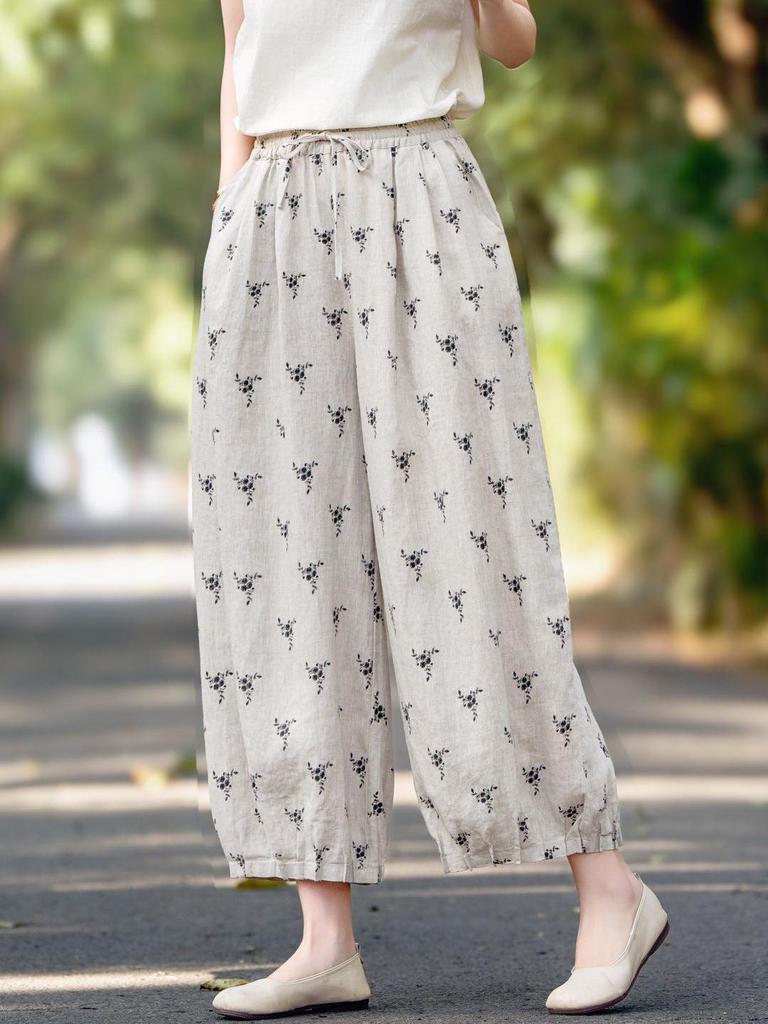 Damen Frühling 2026 Leinen Bedruckte Laternen-Cropped-Hose mit elastischem Bund