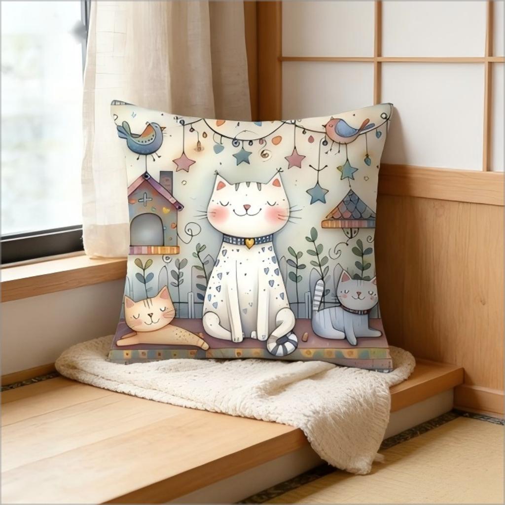 Cute Cartoon Cats Pillow Cover Whimsical Kitten Bird Print Cushion Case For Sofa Couch Boho Kids Room Cat Lover Home Decor Gift