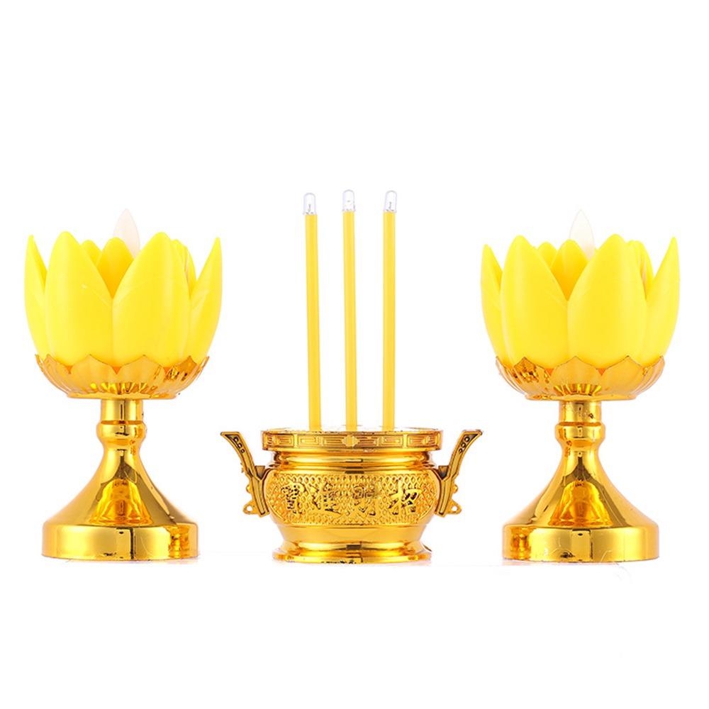 Plastic Lotus Candle Set Gold White Electronic Candlestick Set  Desktop Ornament