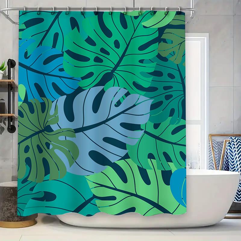 

Green Blue Monstera Leaf Shower Curtain Fresh Trendy Bathroom Decor For Home Or Hotel Use Made With Water-Resistant Fabric W60H190(CM)-1 Pcs