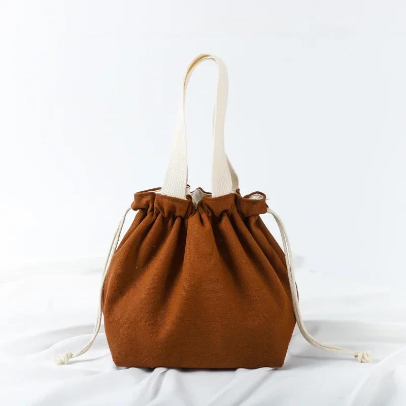 Small Fresh Drawstring Canvas Bag Hand Handbag Japanese Portable Bento Bag Large Capacity Bunched Lunch Box Bag