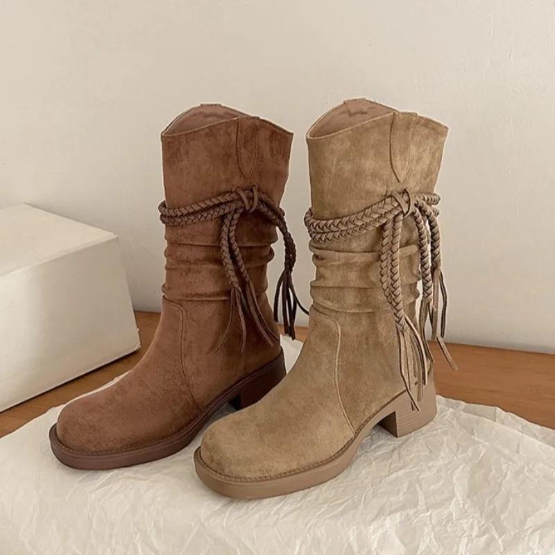 Fashion Spring/autumn Tassel Ethnic Modern Boots Mid-calf Square Heel Ladies Shoes on Sale 2025 Fashion Mid Heel Round Toe Boots