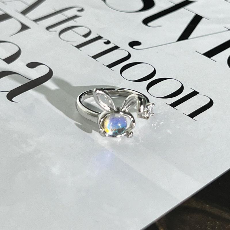 Sweet Cool Rabbit Moonstone Diamond Opening Ring Female Colorful Exquisite Light Luxury Niche Design Index Finger Ring