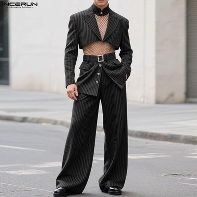 2PCS Men Outfits Long Sleeve Striped Cropped Blazer and Long Pants Casual Loose Sets