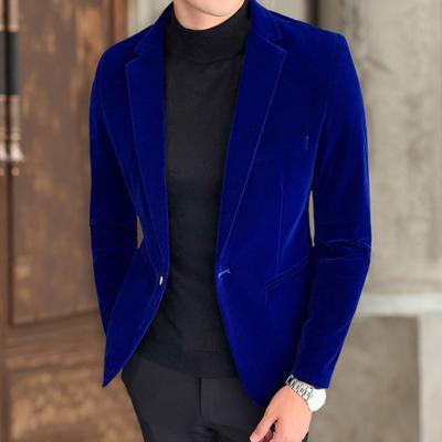 Spring Men Blazer Solid Color Turndown Collar Long Sleeve Slim Fit Single Button Velvet Suit Coat Streetwear