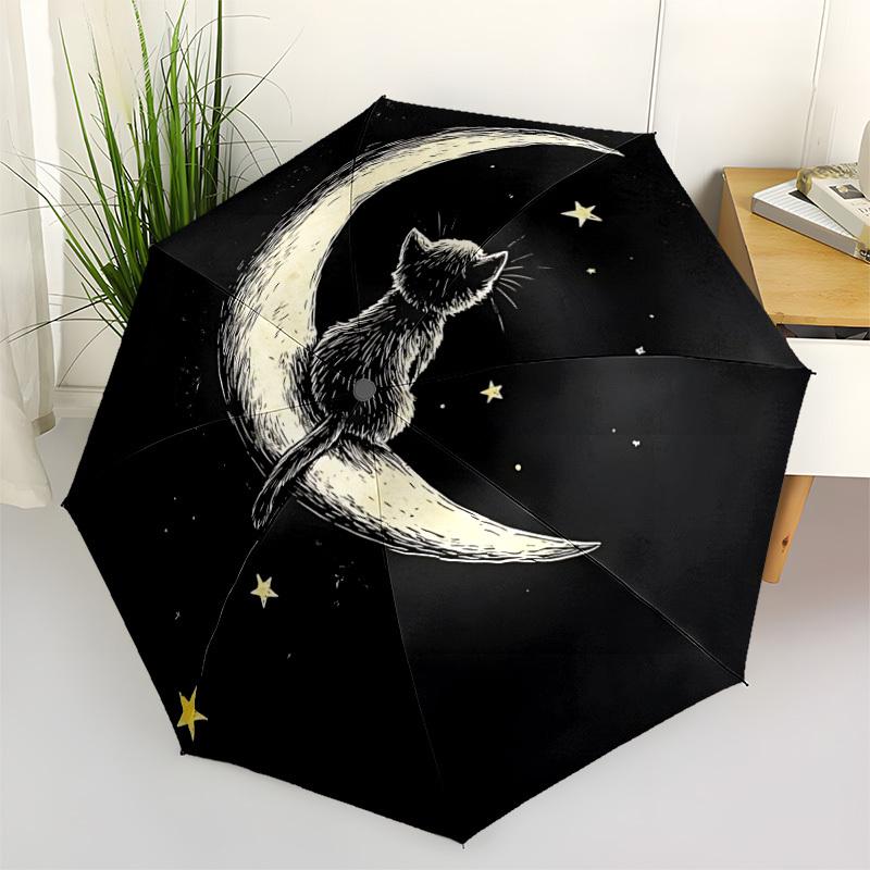 1pc Moon CatAutomatic Folding Umbrella, Portable Collapsible Design, Casual Outdoor Accessory, for All Seasons049