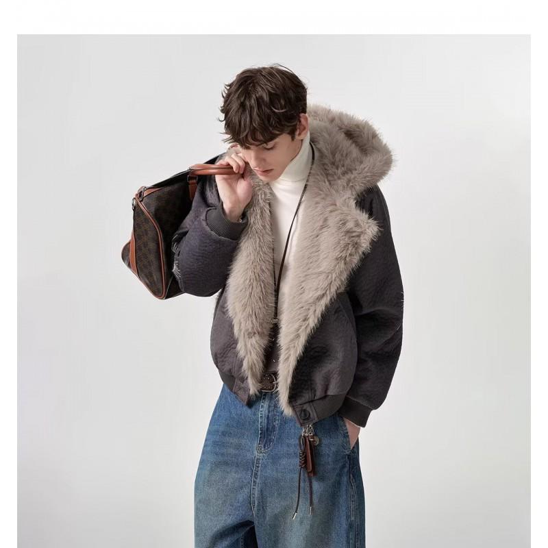 Giacca trapuntata corta unisex in cotone stile retrò americano con cappuccio e bordo in ecopelliccia, cappotto caldo invernale