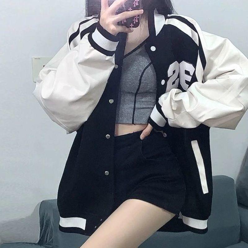 

Американський стиль Мода Спорт Вітер Бейсбол Жіночий одяг Весна та Осінь Стиль препі Куртка Вільного крою Куртка з принтом M чорний
