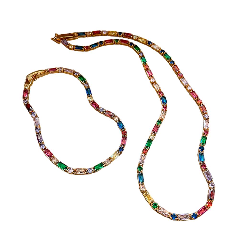 Vintage Styles Square and Round Colorful Gemstones Necklace and Bracelet Fashion Accessory Jewelry Set for Trendy Women