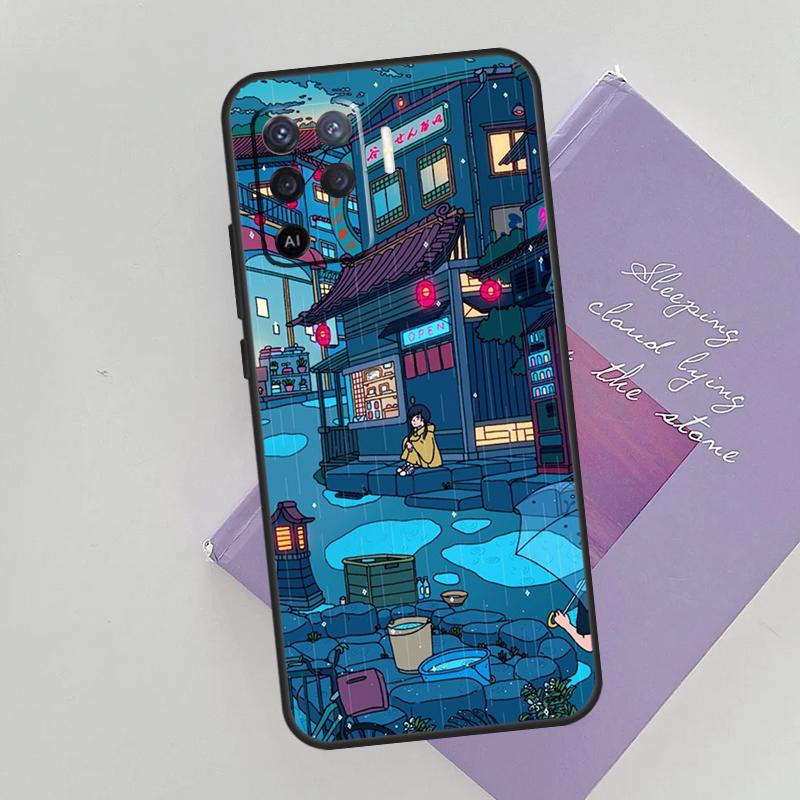 Cyberpunk  Village Neon Anime Case For OPPO Reno 5 Lite 2Z 2F A15 A52 A72 A83 A54 A74 A94 A5 A9 A31 A53 A53S 2020 Cover