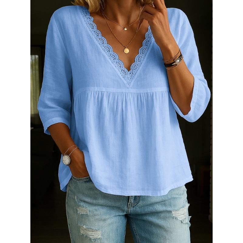 TIFICY Women's Fashion Casual Summer Spring Solid Color Print 3/4 Sleeves V-Neck Blouses & Shirts
