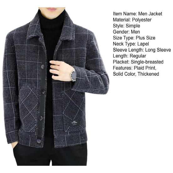 Herrenjacke Revers Langarm Plaid Print Mantel mit Taschen Einreihiger Verschluss Verdickte Oberbekleidung
