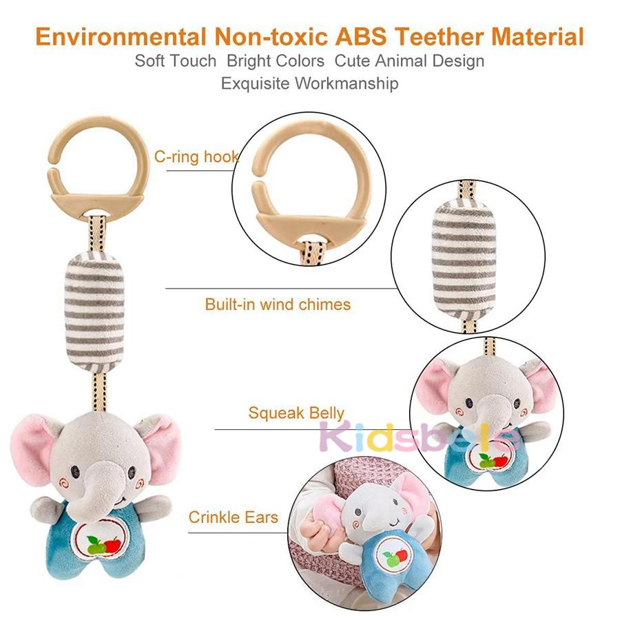 Cute Animal Plush Hanging Toy for Cribs & Car Seats – Early Education Sensory Toy with Teether & Mirror for Baby