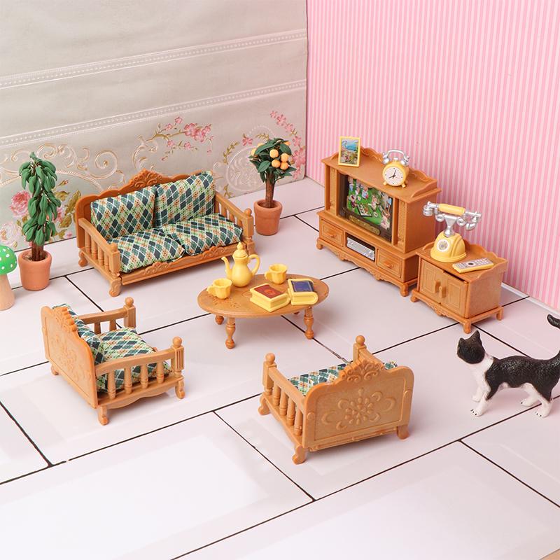 1:12 Dollhouse Miniature Dining Table Chair Sofa Tea Table Tv Cabinet Set Model Doll Furniture Decor Micro Scene Prop Toy