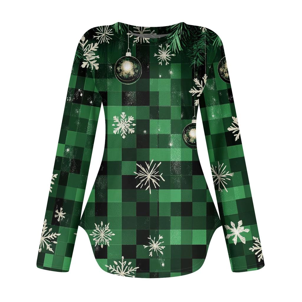 Damskie koszulki z długim rękawem z okrągłym dekoltem, rozcięciem po bokach, podstawowe, luźne, z nadrukiem świątecznym, koszule codzienne