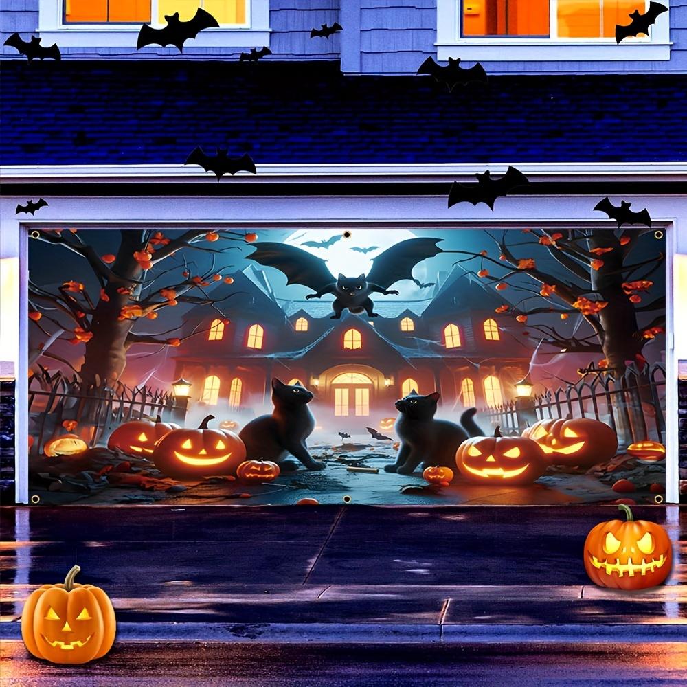 One 2D flat Halloween ghost garage polyester banner pumpkin lantern and haunted house design suitable for Halloween decoration