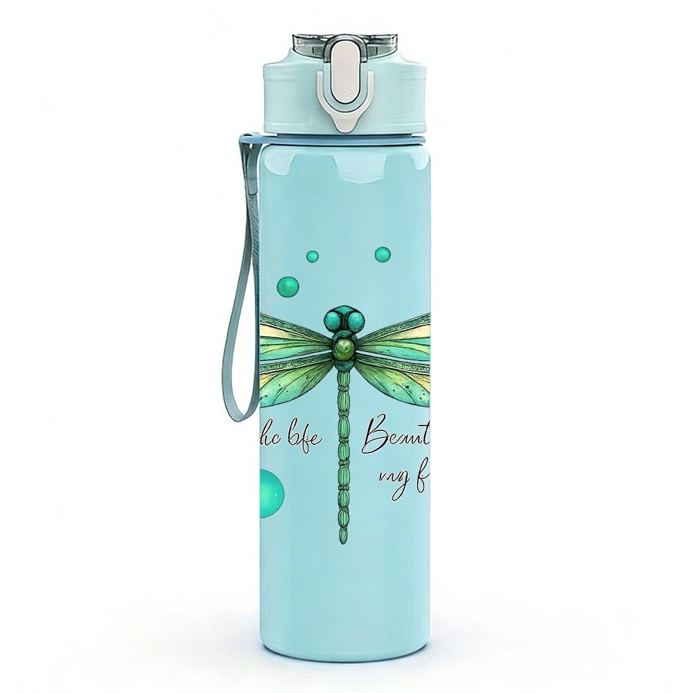 1PC Green Dragonfly Floral 750ml Color Plastic Sports Water Bottle Leakproof Flip Straw Lid Suitable for Sports Office Home Use