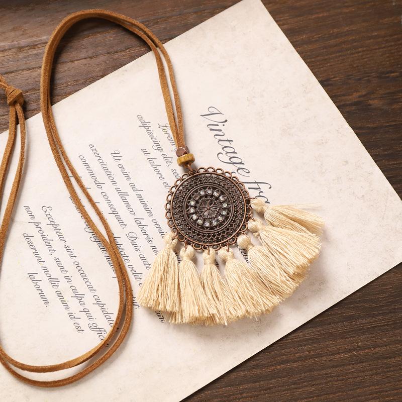 Lady Bohemian Style Long Necklace with Vintage Fringed Sweater Chain