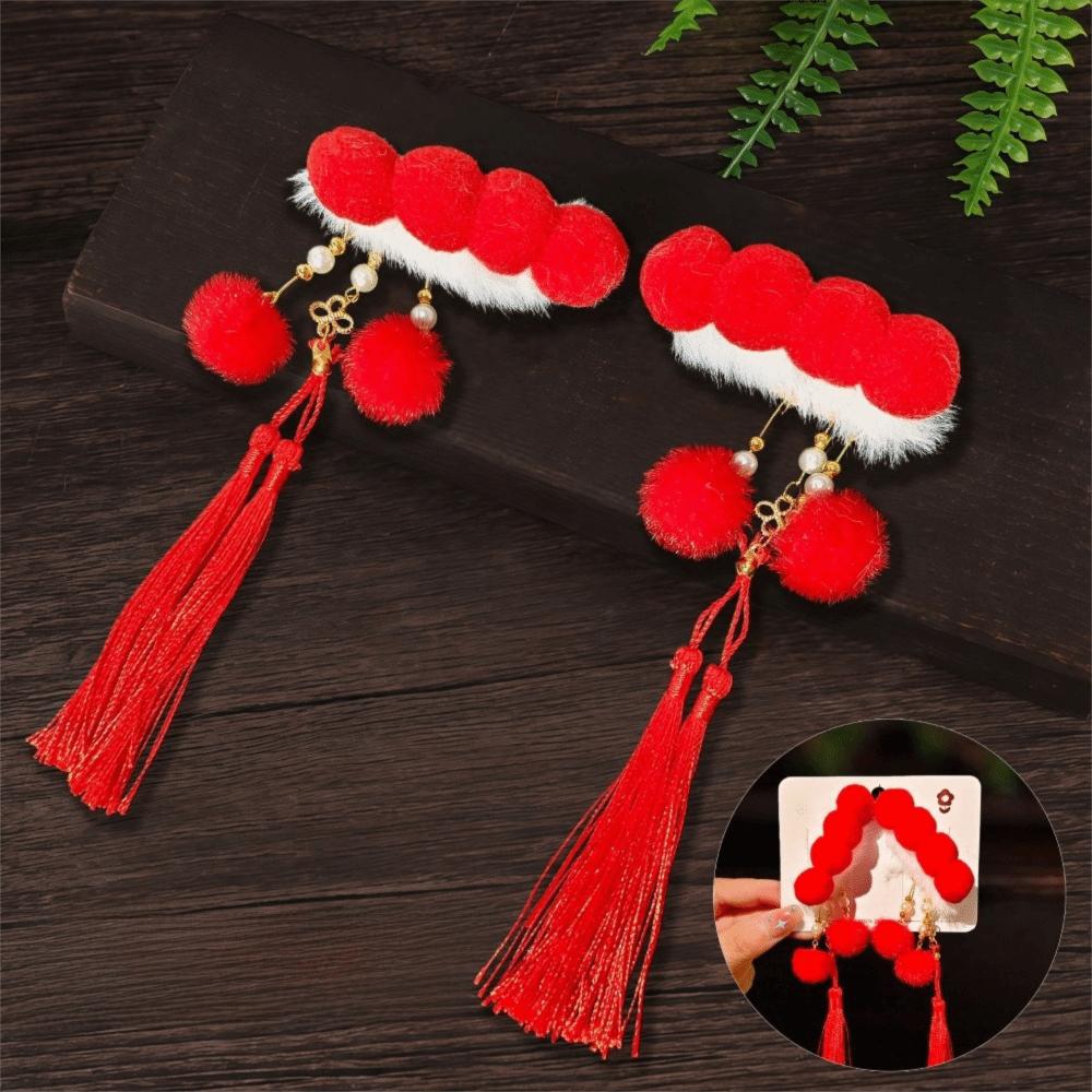 

1 Pair Flower New Year Headwear Pearl Bow Tassel Hairpin Tang Suit Hanfu Red Hair Clips Children Style 2