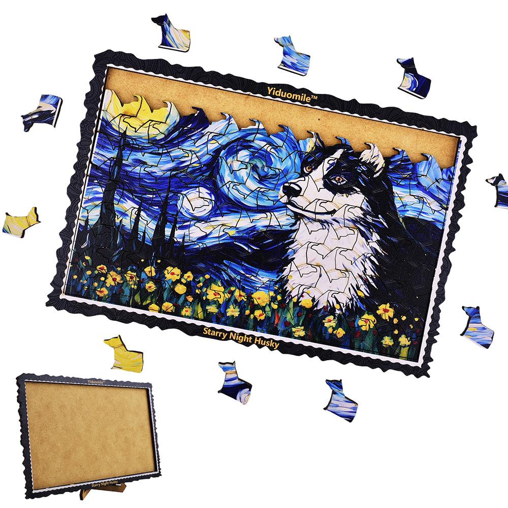 Starry Night Husky Puzzle, Wooden Puzzle Toy, High Difficulty Special-shaped Puzzle, Assembling Toy, Birthday