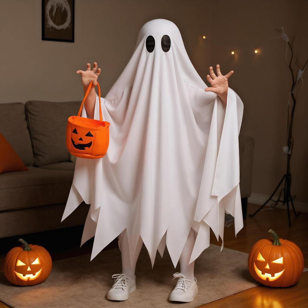 Halloween Kids Ghost Costume Ghost Cosplay Costume with Pumpkin Trick or Treat Candy Bags White Ghost Outfit Ghost Cape