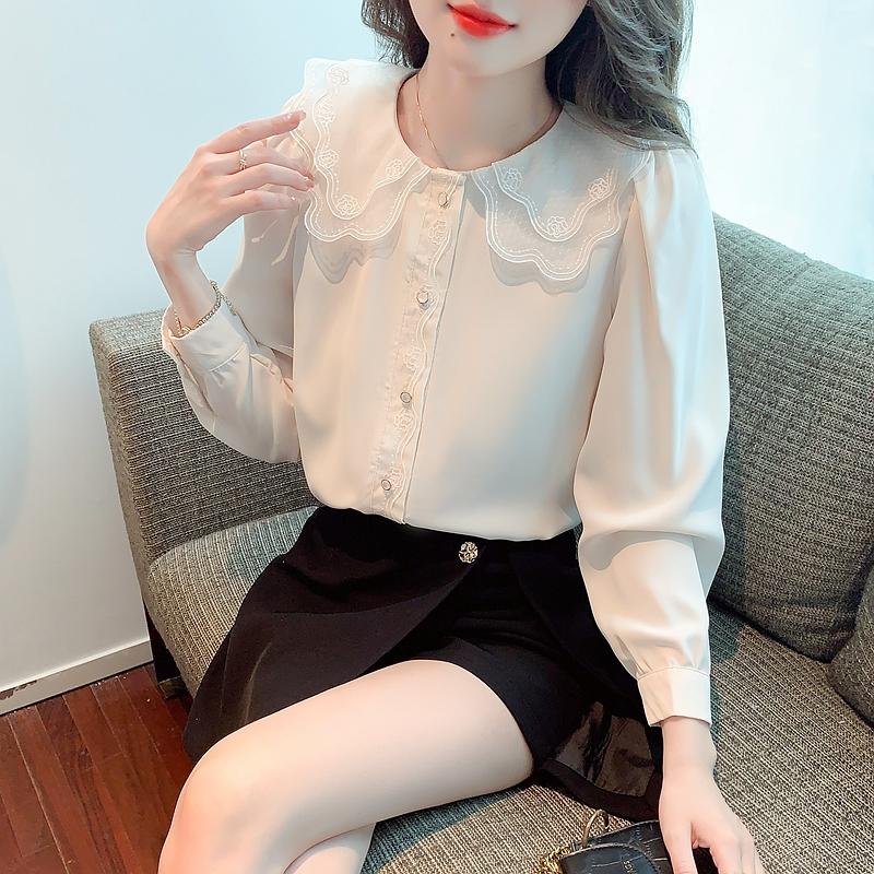 New 2024 Fashion Autumn Long Sleeve Doll Collar Casual Chiffon Blouse Shirt Women Tops Blouses Shirts J465