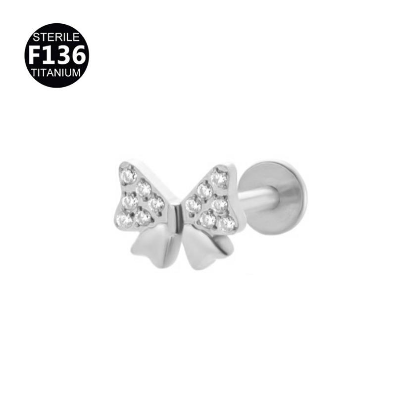 

Silver Stainless Steel Zircon Bowknot Labret Lip Stud Cartilage Earring For Women 1pcs серебряный