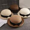 Breathable Sun Hat Parent-child Beach Dome Curved Brim UV Protection Handwoven Outdoor Summer Straw with Black Satin Ribbon Bow Accessory